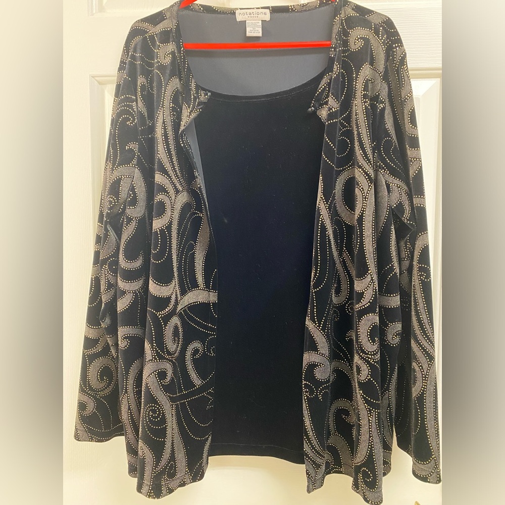 Notations Velour Sparkle Top Women’s Black Jacket Built In Cami Size 3X
